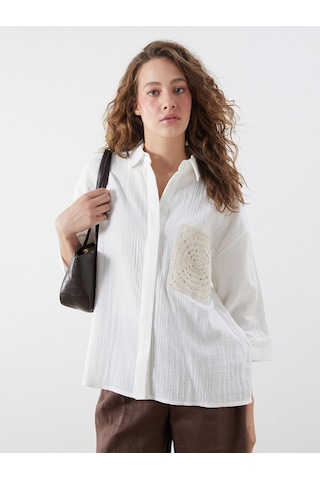 Lcwaıkıkı Classic Ekru Nakışlı Oversize Kadın Gömlek