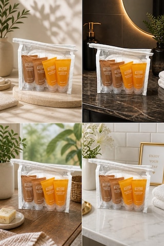 Şeffaf Çantalı 7 Li Banyo & Seyahat Seti Oval Kabak Lif + 2 Sabun 42 Gr + 2 Şampuan 30 Ml + 2 Duş Jeli 30 Ml Fresh