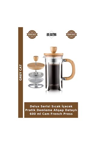 Delux Serisi Sıcak İçecek Pratik Demleme Ahşap Detaylı 600 Ml Cam French Press Ahşap - Şeffaf