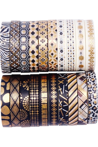 Singree 20'li Altın Desenli İnce Washi Bant Seti - 5m X 7mm - Hediye Paket