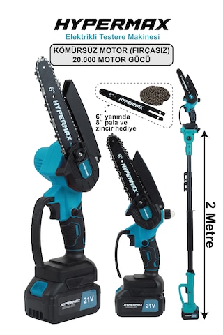 Hypermax DK-911 3'lü Set Çift Akülü 10 Pilli Kömürsüz Teleskopik Kollu Bağ Budama Makası ve Budama Testeresi