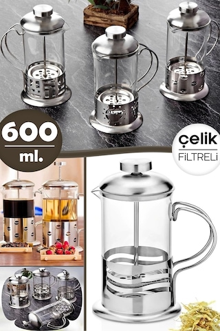 French Press Bitki Çayı Demliği 600 ml Çelik Dekor Gövdeli Kulplu Ölçü Kabı Cam French Press Kahve Metal