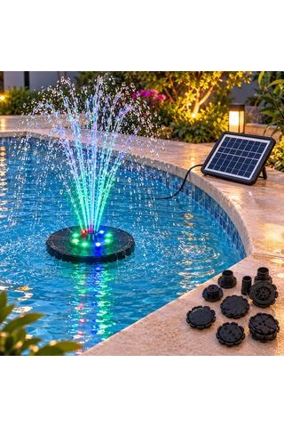 Güneş Enerjili Rgb Led Işıklı Havuz Fıskiyesi - Solar Panelli Yüzer Fıskiye Çoklu Püskürtme Başlıklı Gölet Süs Fıskiyesi & Kuş Banyosu