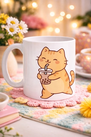 Northcity Sevimli Kedi Bubble Tea Tasarımlı Porselen Kupa Model 192 Boba Çayı İçen Kedi Kahve Kupası Kedi Severlere Hediyelik Kupa Bardak 000 Açık Krem