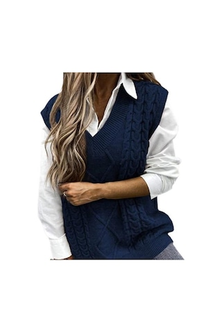 Saf Renk Kolsuz Kazak Yelek Sıcak Trendy Büküm Örme Kadın Yelek Günlük Giyim İçin Mavi