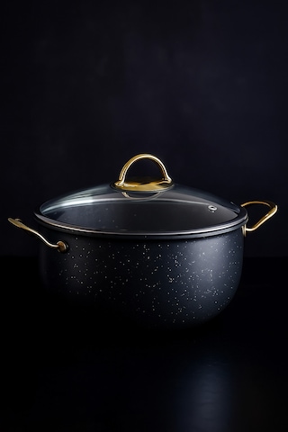 Yunusoğlu Home 30 Cm Derin Granit Tencere 7.5 Litre, Gold Metal Kulplu, Alüminyum Tabanlı, Cam Kapaklı Siyah