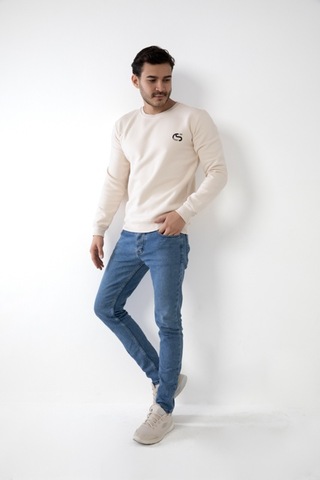 Erkek Bej Renk Kapşonsuz Baskılı Sweatshirt Bej