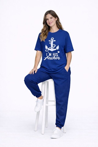 Sevgili Kombini Oversize Çift Tişört Unisex Captain Anchor Baskıl Lacivert