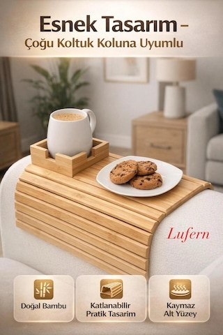 Özel Tasarım Katlanabilir Ahşap Koltuk Yanı Kanepe Tepsisi Aksesuar Bardak Atıştırmalık 32x33 Cm Çok Renkli