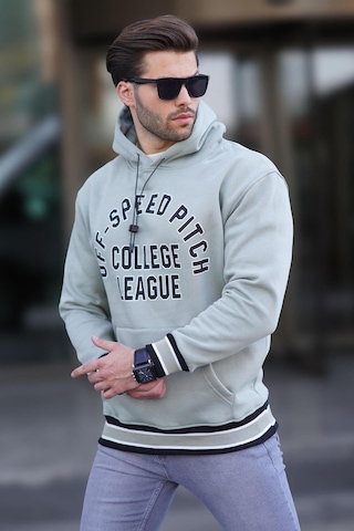Madmext Çağla Yeşil Kapüşonlu Cep Detaylı Baskılı Erkek Sweatshirt 7068 Yeşil