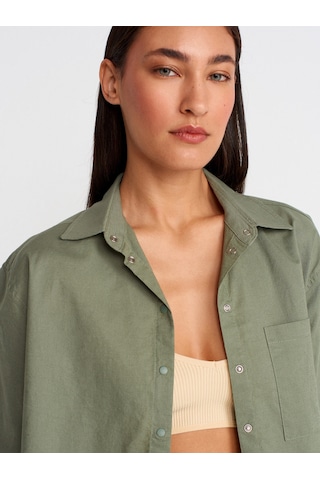 Dilvin 50497 Uzun Kollu Oversize Keten Gömlek-yeşil Yeşil