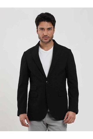 Dufy Siyah Erkek Slim Fit Çizgili Sivri Yaka Ceket - 104443-siyah Siyah