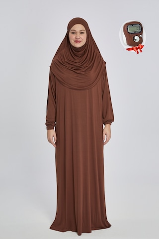 Pratik Başörtülü Rahat Giyilebilen Organik Tek Parça Namaz Elbisesi Çikolata