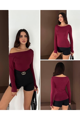 Elaxi Kadın Kayık Yaka Parmak Geçmeli Uzun Kollu Full Likralı Pamuk Viskon Buzzy Body Tişort Bordo