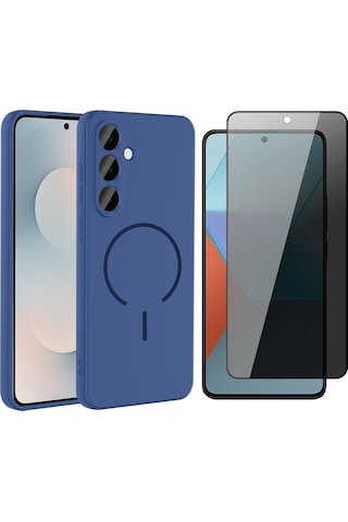 Vendas Samsung Uyumlu Galaxy A36 Kılıf M-safe Şarj Özellikli Zore Meta Kapak + Hayalet Ekran Koruyucu Lacivert