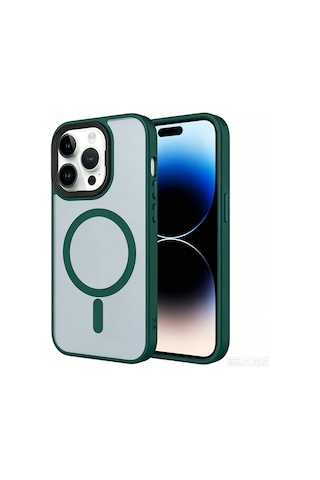 Apple iPhone Uyumlu 13 Pro Max Kılıf Mat Arka Yüzey Wireless Şarj Özellikli Zore Flet M-safe Kapak - Koyu Yeşil