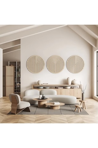 Bohem Soyut Dekoratif Ahşap 3'lü Tablo - Daire Duvar Dekoru Ve He