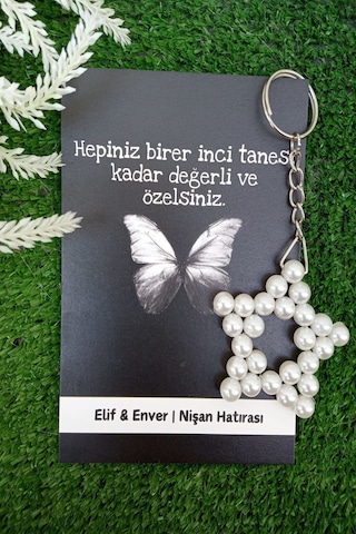 15 Adet Siyah Kelebek Kartlı İnci Anahtarlık - Nikah Hediyesi -