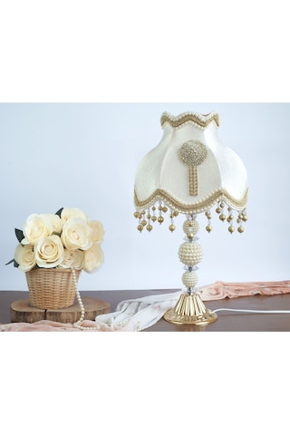 Vintage Ekru Kadife Kumaş Gold Ayak Swarovski Süsleme Broş Abajur Ab0001 50x30cm Ekru