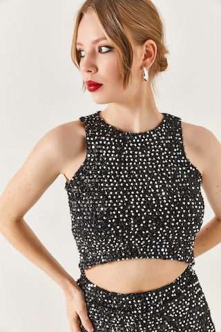 Armonika Kadın Halter Yaka Pul Payet Crop Bluz Siyah