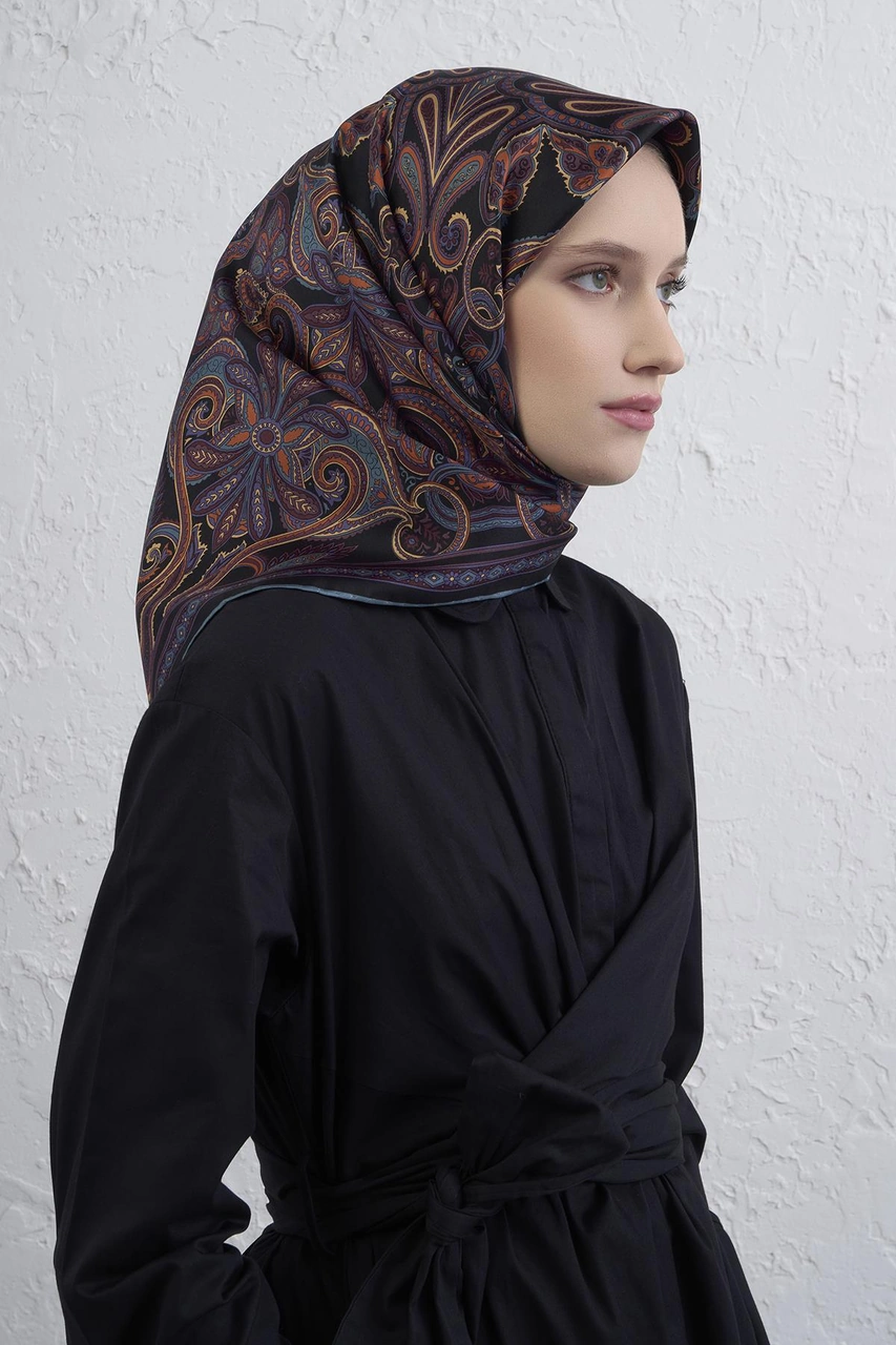 Armine Etnik Desen Saf İpek Twill Eşarp 9421d 86 Siyah