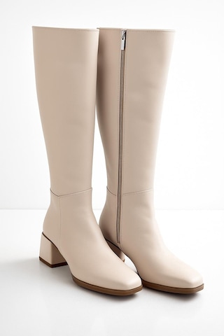 Kadın Topuk Detaylı Yandan Fermuarlı Uzun Çizme Bej