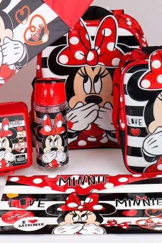 Yeni Sezon Lisanslı Mınnıe Mouse Anaokul,beslenme Çantası İle Beslenme Kabı,matara 500 Ml,şemsiye Ve Kırtasiye Okul Seti