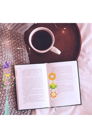 Şeffaf Akrilik Kitap Ayracı Seti, Renkli Püsküllü Çiçek Desenli