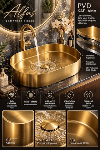 Alfas Aura Oval 60x40cm Pvd Gold Tezgah Üstü Çanak Lavabo 304 Paslanmaz Çelik 2.0mm