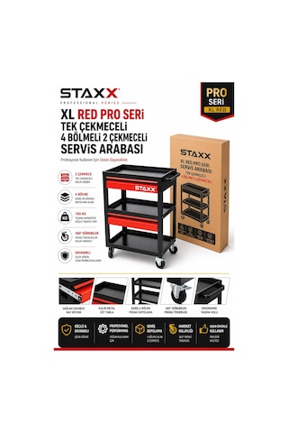 Staxx Xl Red Pro Seri 2 Çekmeceli 4 Bölmeli Profesyonel Alet Servis Arabası Takım Tezgah Arabası