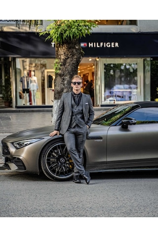 Beystil Sivri Yaka Gri Takım Elbise Bezayak - Slim Fit Gri