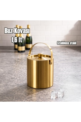 Lfs-1,6 Termoslu Çift Cidarlı İki Katmanlı Paslanmaz Çelik 1,6lt Buz Kovası Kapaklı Buzluk Gold Çok Renkli