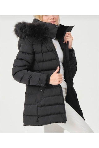 Kadın Siyah Kürklü Çıkarılabilir Kapüşonlu Su Geçirmez Uzun Şişme