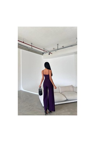 DefyModa Kadın Krep Kumaş Yırtmaçlı Askılı Tulum Mor