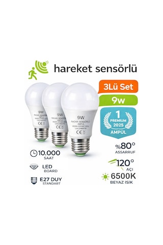 Hareket Sensörlü Led Lamba 3 Adet Let Ampül Beyaz Işık 9w %80 Tasarruflu Otomatik Yanıp Söner