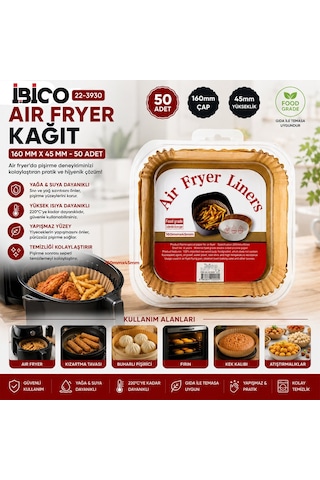 İbico İ22-461 Air Fryer Pişirme Kalıp Kenar: 4.5cm Kare Taban: 16cm 50 Adet Kağıt Diğer