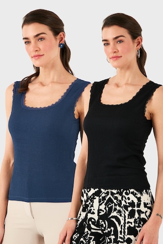 Lela Slim Fit Kalın Dantelli Kare Yaka Bürümcük 2'Li Paket Bayan Atlet 5864979S2 Siyah-Indigo