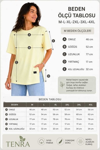 Tenra Kadın Basic Oversize Tişört Bisiklet Yaka Uzun Boy Yırtmaçlı Lazer Kesim %100 Pamuk Sarı