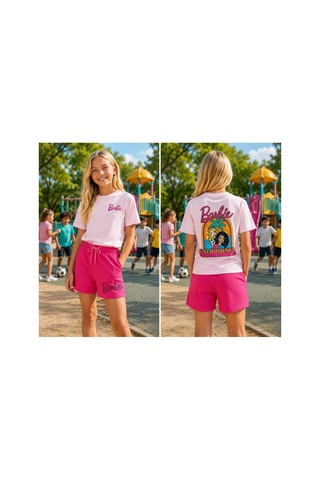 Kidsmadamiko Kız Çocuk Şortlu Takım California Desenli Pamuklu Pembe