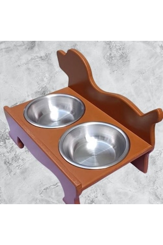 Hobi Erc Model 90374 Köpek Mama Ve Su Kabı Seti Mdf Ceviz Renk Paslanmaz Tabak