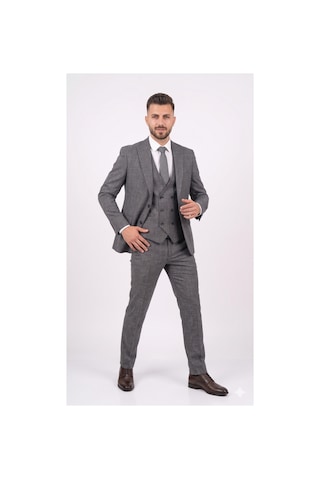 Modmen Erkek İtalyan Kesim Yelekli Takım Elbise Beyaz Desenli Gri
