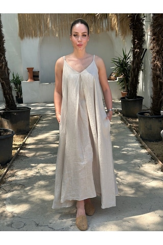 Yazlık Keten Askılı Oversize Elbise Bej