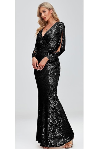 Hanife Glam Couture Hanife Glam Uzun Kollu Kruvaze Yaka Pullu Abiye Elbise Siyah