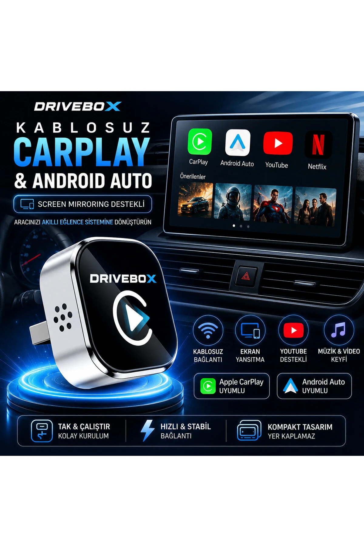 Kablosuz Carplay Android Auto Adaptörü Ekran Yansıtma Screen Mirroring Youtube Destekli Usb Tak Çalıştır Diğer