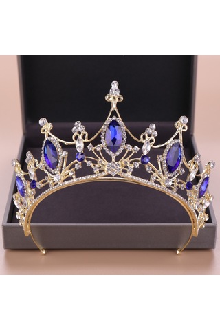 Barok Taç Mavi Kristal Gelin Tiaras Taç Vintage Altın Saç Aksesuarları Düğün Rhinestone Diadem Pageant Taç Çok Renkli