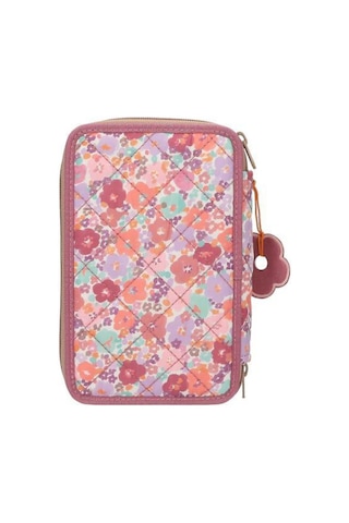 Top Model 3 Katlı Kalem Kutusu - Çiçek Desenli Çok Renkli