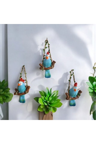3 Adet Dekoratif Sallanan Duvar Ve Bahçe Süsü Papağan Mavi