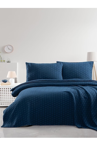 Elvira Yatak Örtüsü Seti Çift Kişilik Koyu Mavi Kutulu Mavi