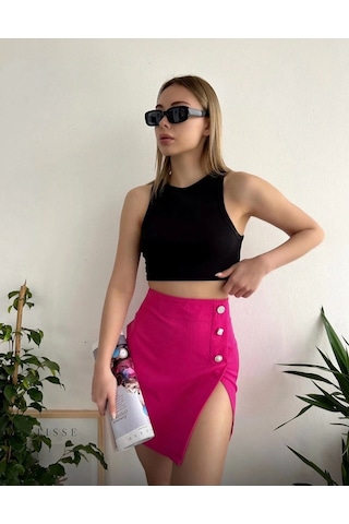 Üç Taşlı Mini Etek Fuşya