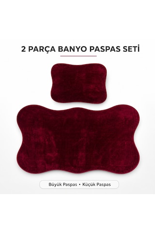 2 Li Banyo Paspası Halısı Seti Kaymaz Tabanlı Yıkanabilir Klozet Takımı Bordo
